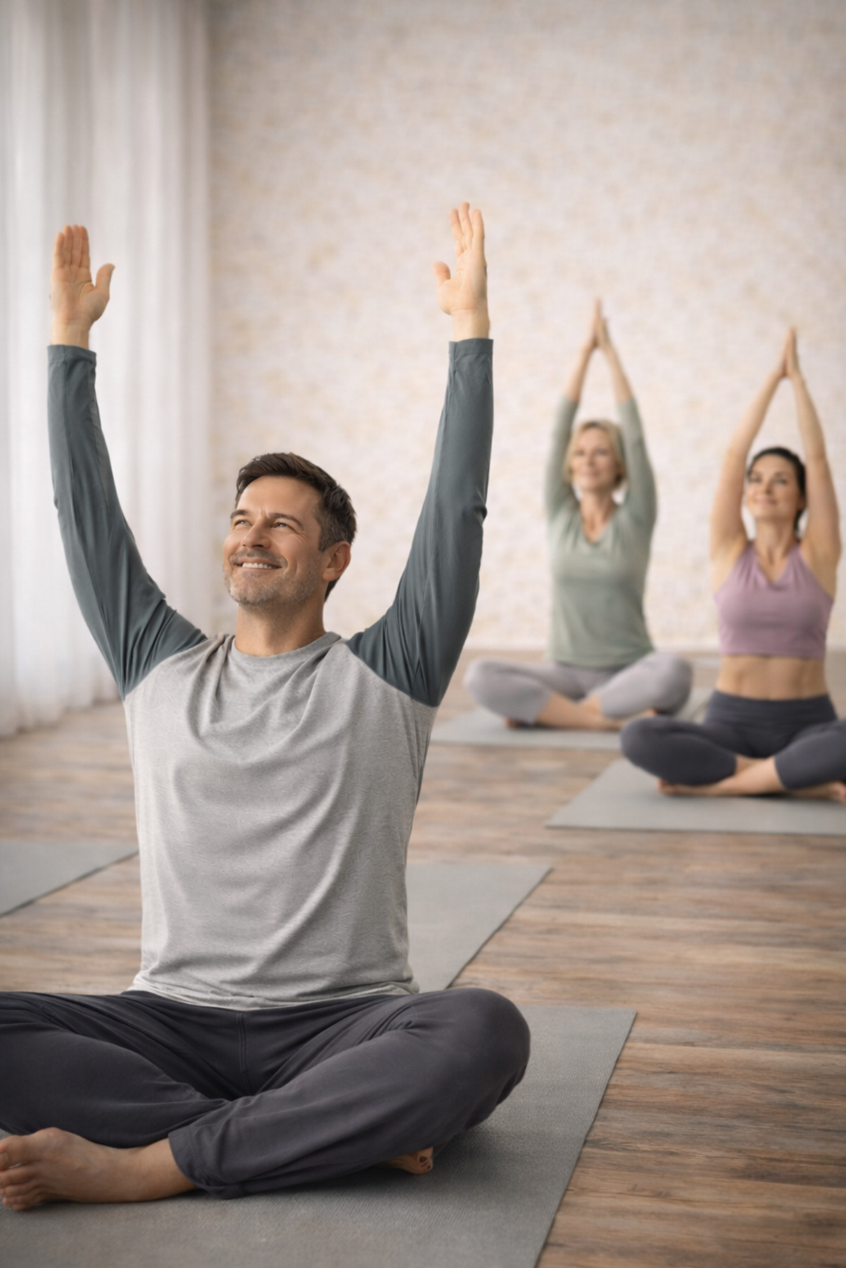 Im Vordergrund ist ein Mann mit 40 beim Yoga zu sehen. Im Hintergrund sitzen zwei Frauen, die ebenfalls Yoga machen.